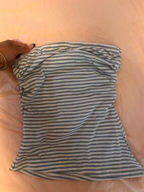 SHEIN Blue and White Striped Strapless Crop Top